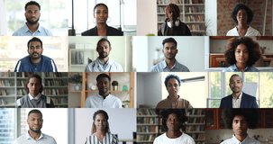African students and businesspeople front faces close up head shot portrait collage view. Group of different age people smile look at camera, videocall event participants, worldwide communication, app