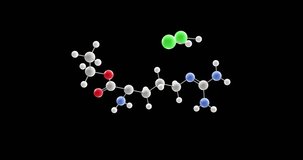 L-Arginine ethyl ester dihydrochloride molecule, rotating 3D model of derivative of l-arginine, looped video on a black background