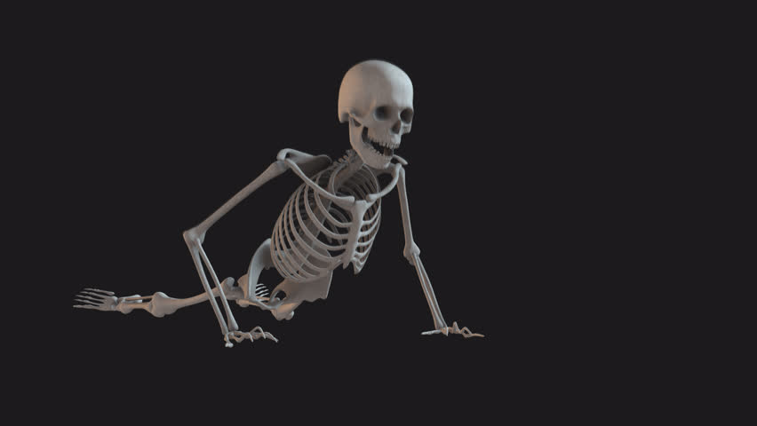 A 3D animated Skeleton character crawling and dragging itself along on the ground in a realistic motion.

