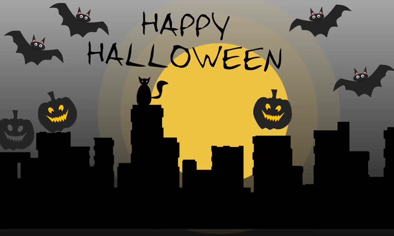 Happy halloween vector illustration. Animation of Happy Halloween with bats, pumpkins, and cats moving on the city at night. 