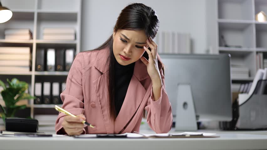 Serious businesswoman in his office is thinking. Businesswoman who is upset, stressed and worried. Royalty-Free Stock Footage #3431400677