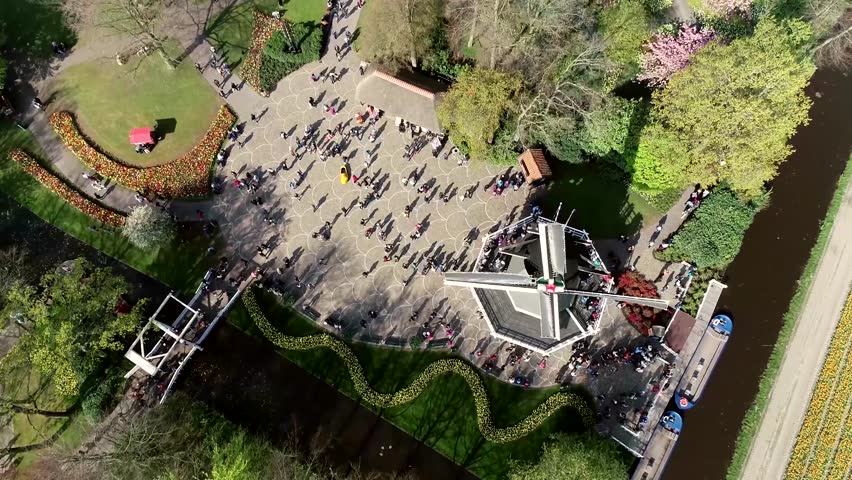 Aerial view of typical Dutch windmill located at Keukenhof also known as the Garden of Europe is one of the world