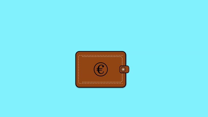 Cartoon illustration of a brown wallet with dollar bills sticking out animated on a cyan background.