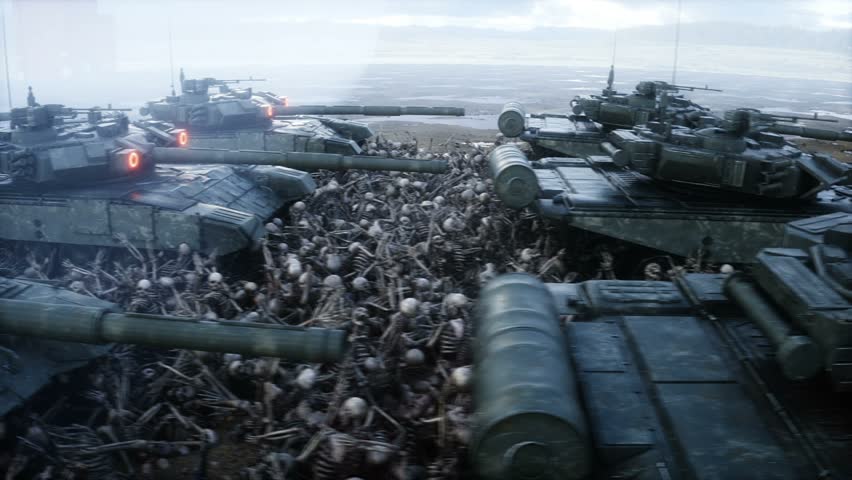 Russian military tanks and skulls. Anti war concept.