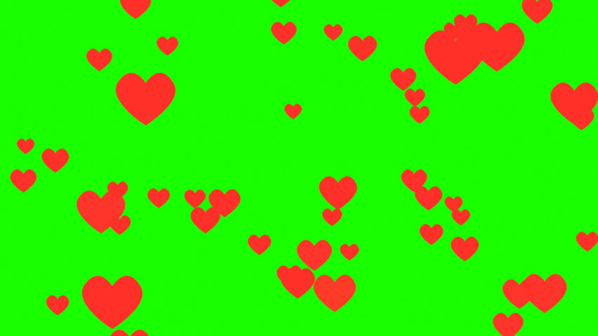 Flat red hearts on green screen background flying up elements for sweet holidays