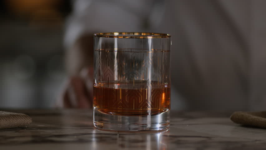 Bartender places his hand on an unfinished old fashioned cocktail