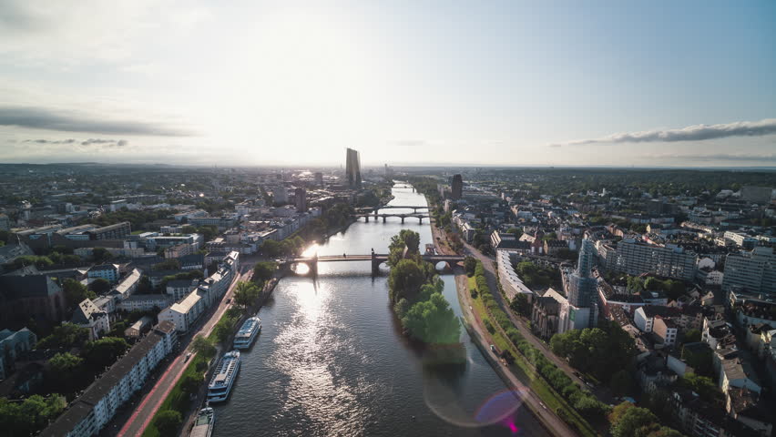 Aerial View Shot of Frankfurt am Main De, financial capital of Europe, Hesse, Germany