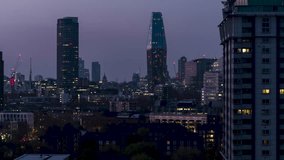 Aerial View Shot of London UK, United Kingdom, London skyline, dusk, dawn, evening
