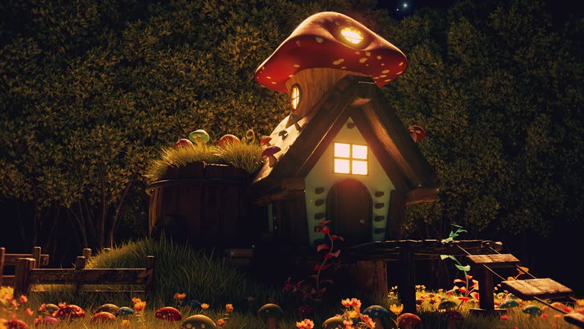 Mushroom House in a Magic Forest by Night - Fantasy Loop Nature Landscape Background