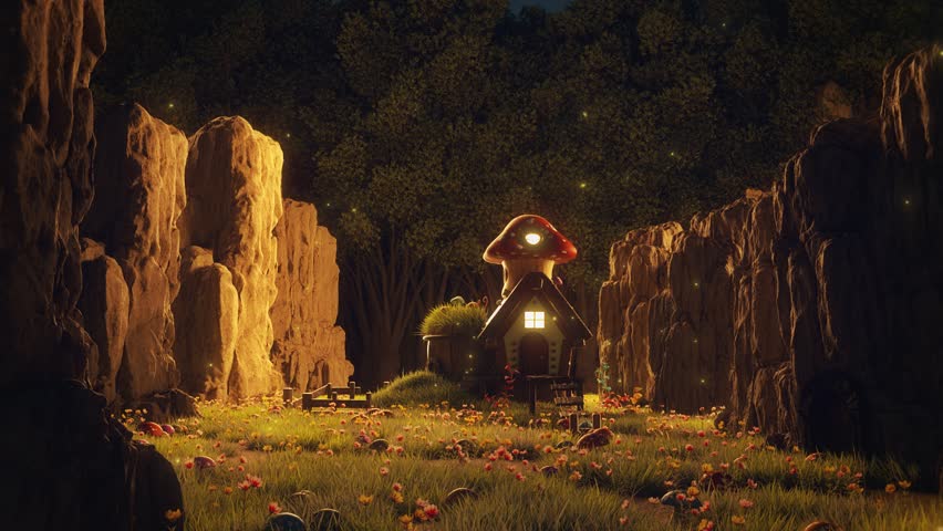 A Mushroom House in a Rocky Forest by Night - Fantasy Loop Nature Landscape Background