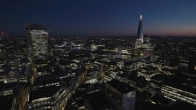Aerial View Shot of London UK, United Kingdom, Stunning London Skyline, Blue Hour, Super sharp and clear image, Walkie Talkie, Tower Bridge, Shard