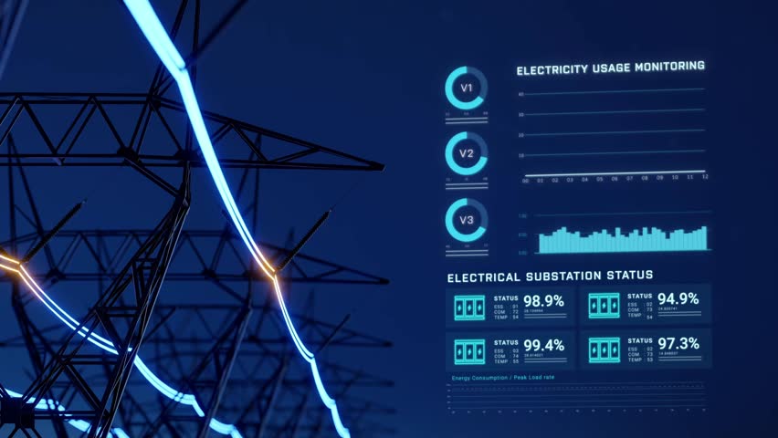 Electric transmission tower with glowing electricity flowing, electrical power transmit from high voltage substation infrastructure to city, energy usage monitoring dashboard interface 3d rendering  Royalty-Free Stock Footage #3431589343