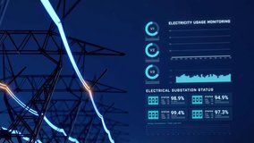 Electric transmission tower with glowing electricity flowing, electrical power transmit from high voltage substation infrastructure to city, energy usage monitoring dashboard interface 3d rendering  - Powered by Shutterstock - Get 15% off with code: PIKWIZARD15