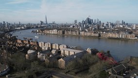 Aerial View Shot of London UK, United Kingdom, London Skyline, Winter Sun