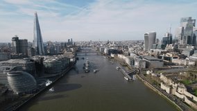 Aerial View Shot of London UK, United Kingdom, day, daytime, Shard Tower Bridge Tower of London, beautiful day, winter sun