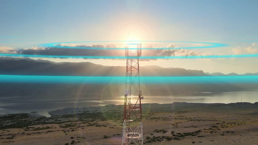Aerial of 5G tower Telecom station in nature with seascape at sunset, animation Graphic Motion of micro wave air Electromagnetic pollution concept - Powered by Shutterstock - Get 15% off with code: PIKWIZARD15