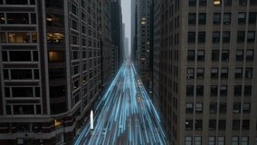 5G digital sign above a city street with light trails between high-rise buildings. Aerial inn large American city with high speed fiber optic connectivity among skyscrapers. - Powered by Shutterstock - Get 15% off with code: PIKWIZARD15