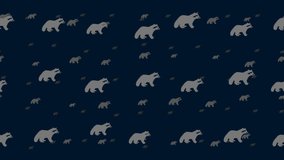 Raccoon symbols float horizontally from left to right. Parallax fly effect. Floating symbols are located randomly. Seamless looped 4k animation on dark blue background