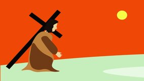 motion video Carrying the cross of Jesus way easter in a green path catholic illustration christian story telling