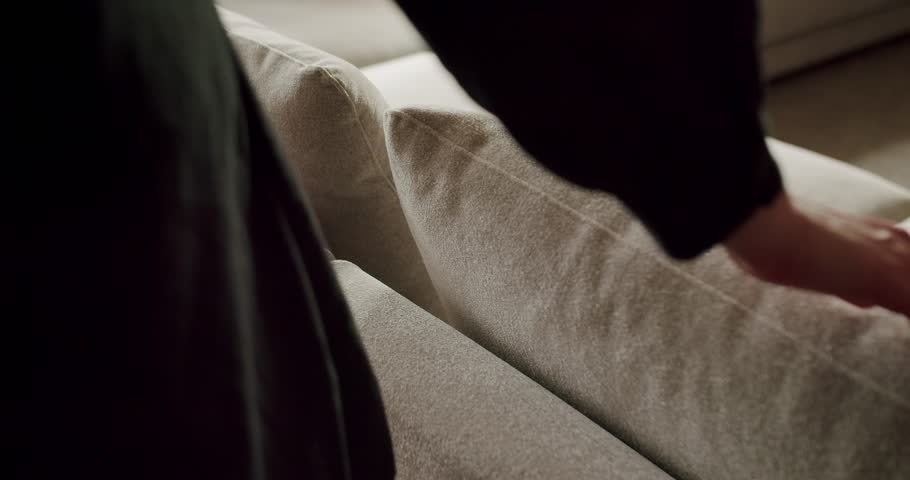 Cropped view of female hand touch couch upholstery while passing by in living room. Closeup on woman gently check fabric of new sofa. Modern furniture at home Royalty-Free Stock Footage #3431829509