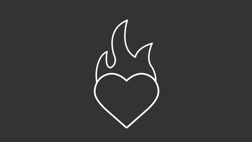 Passion white line animation. Animated flaming heart icon. Affection and desire. Passion loveheart. Valentines day. Isolated illustration on dark background. Transition alpha video. Motion graphic