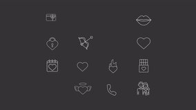 Animated love related white icons. Happy Valentines day line animation library. Heart symbols. Romantic gifts. Isolated illustrations on dark background. Transition alpha. HD video. Icon pack
