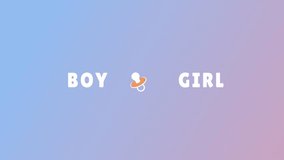 Motion graphics simple animation of a baby gender reveal party where the pacifier turns towards the inscription boy or girl on the background of a pink-blue gradient