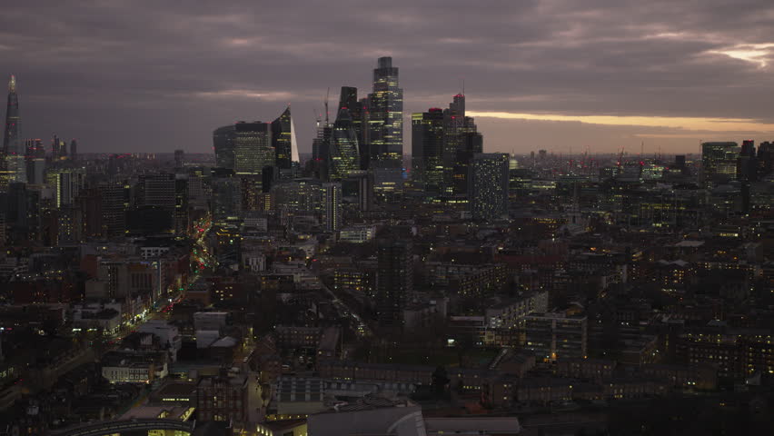 Moody Cinematic Look, Majestic City of London, London Skyline, Aerial View Shot of London UK, United Kingdom, dusk, dawn