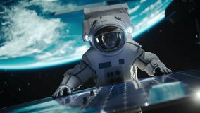 Portrait of a Handsome Young Astronaut Investigating a Solar Panel on a Satellite in Outer Space. Trained Professional in a Space Suit Performing Extravehicular Activity Outside the Spacecraft - Powered by Shutterstock - Get 15% off with code: PIKWIZARD15
