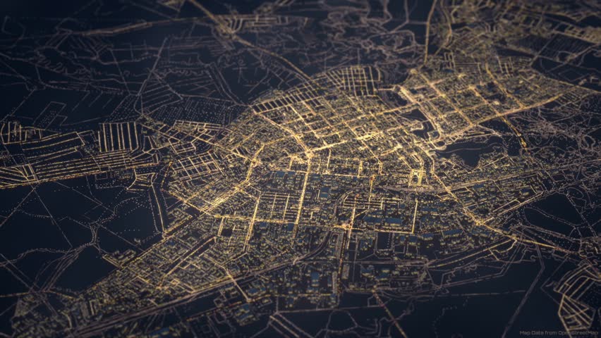 Aerial view of a city with night lighting, a virtual map with transport traffic on a city roads, Yoshkar-Ola, Volga region, computer graphic, digitally generated video - Powered by Shutterstock - Get 15% off with code: PIKWIZARD15