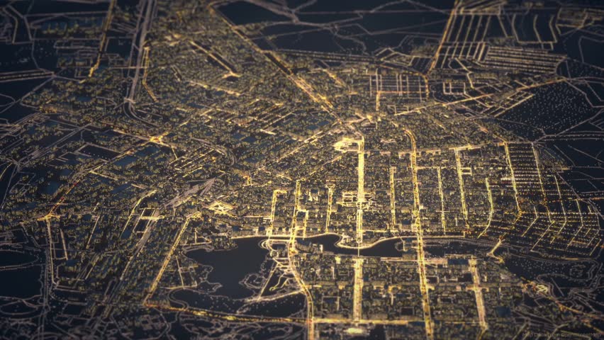 Aerial view of a city with night lighting, a virtual map with transport traffic on a city roads, Yoshkar-Ola, Volga region, computer graphic, digitally generated video - Powered by Shutterstock - Get 15% off with code: PIKWIZARD15