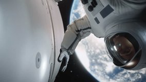 Portrait of a Handsome Young Astronaut Investigating a Spaceship in Outer Space. Trained Professional in a Space Suit Performing Extravehicular Activity Outside the Spacecraft - Powered by Shutterstock - Get 15% off with code: PIKWIZARD15