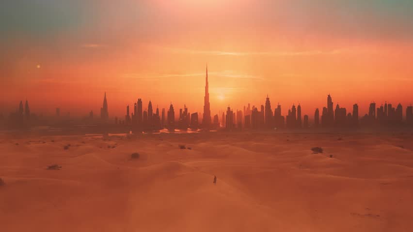 Aerial view of Arabic woman weared in traditional UAE dress - abayain walking in a desert on the sunset with Dubai city silhouette on the background.
