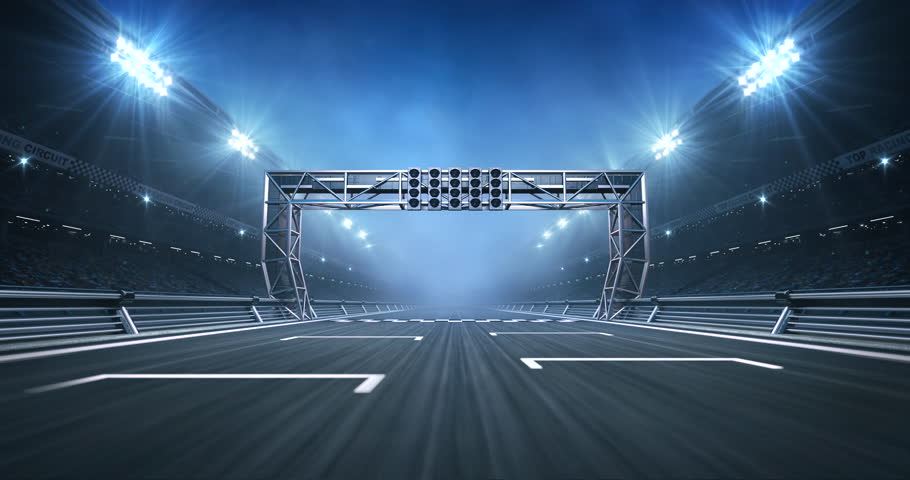 Race track starting line with gate and shining spotlights on sport stadium. Professional 4K video loop for racing sports advertisement.