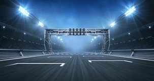 Race track starting line with gate and shining spotlights on sport stadium. Professional 4K video loop for racing sports advertisement.
