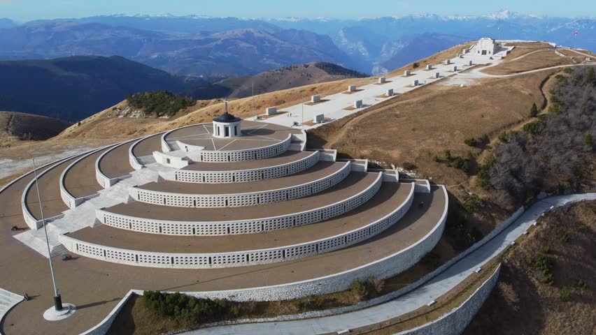 Military Memorial of Monte Grappa. Treviso, Italy. Panoramic aerial view. Royalty-Free Stock Footage #3432034775