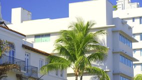 Miami Beach buildings and palms blue sky 4k HDR footage