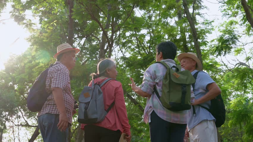 Senior retirement activity, Group of happy senior friends on forest excursion looking Map and compass and GPS at a mobile phone during vacation, Backpack tourist travel outdoor holiday adventure Royalty-Free Stock Footage #3432117337
