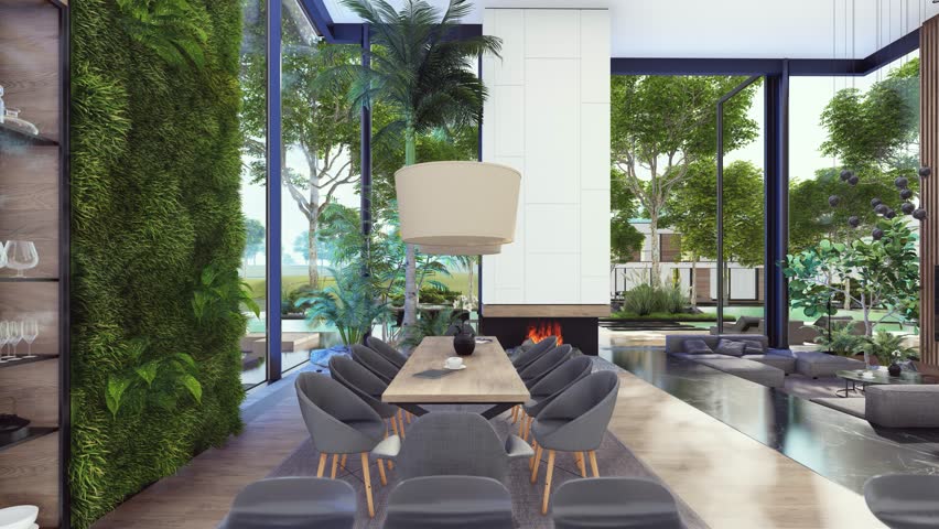 4K rendering of expensive cozy interior with green walls with living dining zone stair and kitchen for sale or rent. Spacious apartments with expensive furniture, light on after sunset Royalty-Free Stock Footage #3432168643