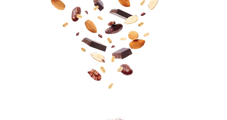 creative animation made of cereal bar, with cocoa almonds and nuts on white background Royalty-Free Stock Footage #3432176333
