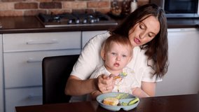 Mom holds a child in her arms, feeds a happy kid with healthy food from a spoon.Child tries a vegetable mixture during lunch at home. Healthy food concept,happy family.Complementary feeding. - Powered by Shutterstock - Get 15% off with code: PIKWIZARD15