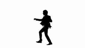 Side view male model in studio isolated on white background with alpha channel. Silhouette of businessman in suit walking, jumps up and dances merrily. - Powered by Shutterstock - Get 15% off with code: PIKWIZARD15