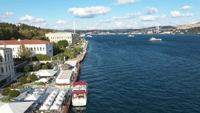 An exclusive video of the Istanbul Bosphorus, integrating with the blue and green, with historical buildings adjacent to the Bosphorus.