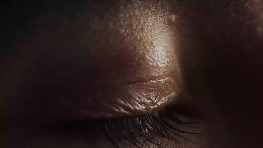 Macro shot of eyes with program for video editing reflection. Video processing, postproduction, clip maker.