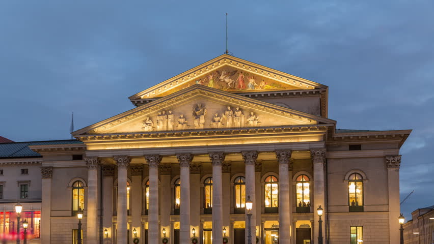 Munich National Theatre or Nationaltheater on Max Joseph square day to night transition timelapse. Historic opera house, home of the Bavarian State Opera. Evening illumination after sunset. Germany Royalty-Free Stock Footage #3432282281