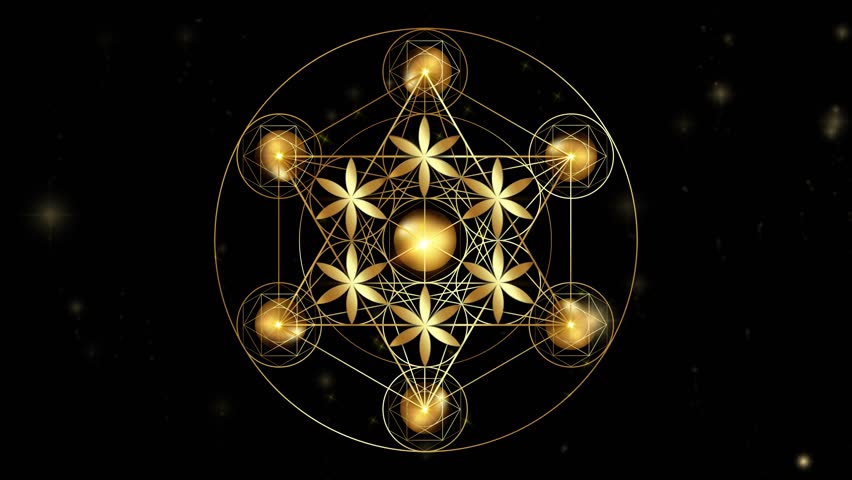 Video animation Metatron's Cube, Flower of Life. Golden Sacred geometry, graphic technology element black galaxy background. Mystic gold icon platonic solids, abstract geometric drawing, crop circles Royalty-Free Stock Footage #3432284729