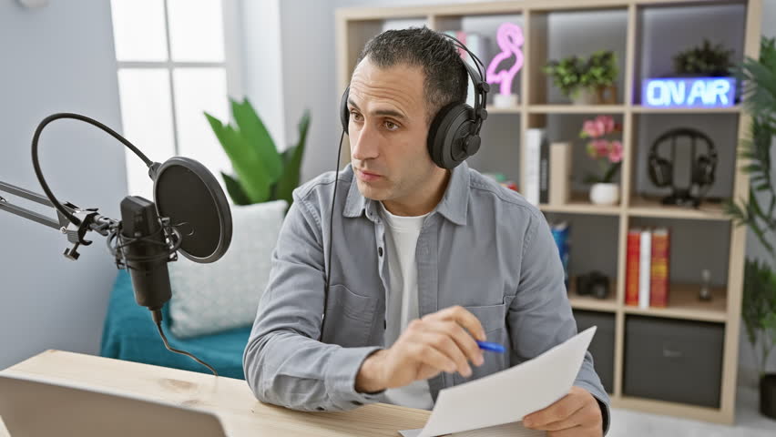 A focused hispanic man with headphones speaks into a microphone, preparing for a broadcast in a radio studio with an on air sign.