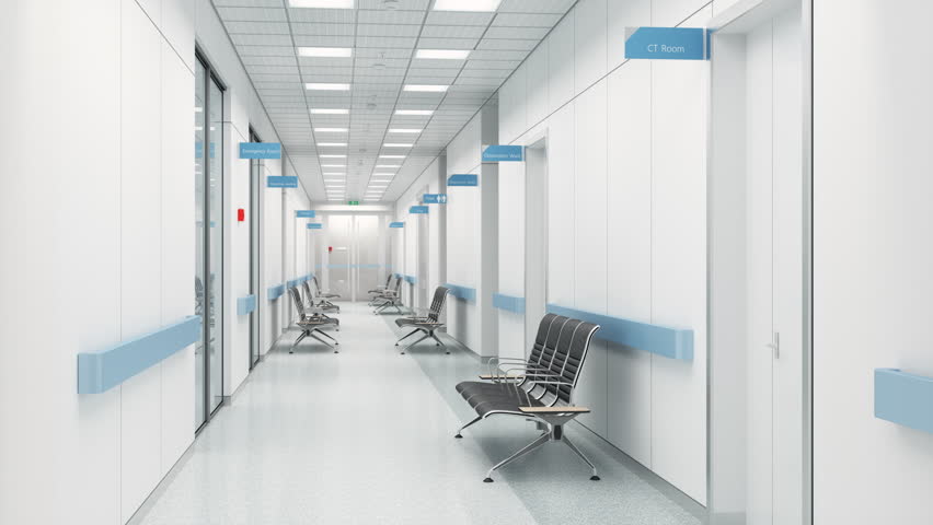 3d Rendering of Empty Hospital Corridor With Reception Desk, Seats And Closed Doors Royalty-Free Stock Footage #3432314779