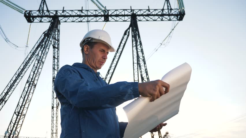 An electrical engineer wearing a helmet works with documents near high voltage electrical lines. An electrician works with the documents of an electrical substation. Energy business concept. Royalty-Free Stock Footage #3432329945