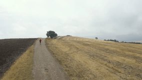 Cinematic aerial view of a sport man running on a countryside road - Drone video of a young sportsman guy doing fitness activities outdoors with concepts of sport, healthy lifestyle and wellbeing